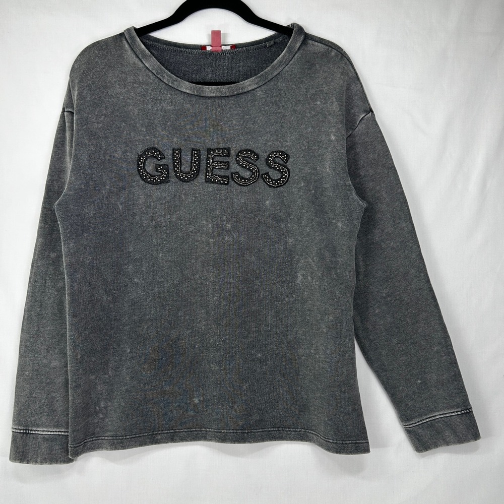 Guess Los Angeles Gray Acid Wash Beaded Logo Long Sleeve Top M